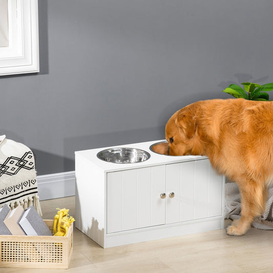 A golden retriever eats from a bowl on the raised pet feeder in a room