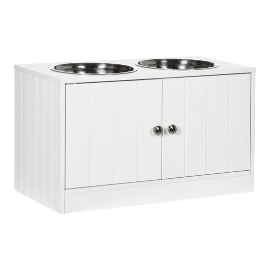 PawHut Raised Pet Feeder with two stainless steel bowls and white storage cabinet