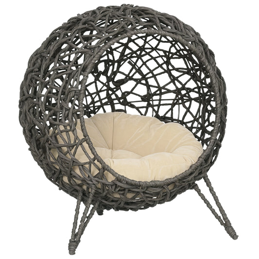 PawHut Raised Rattan Cat House in Grey