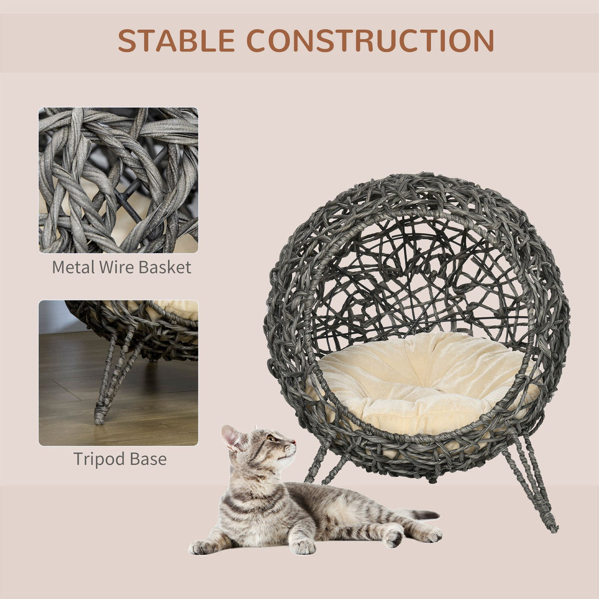 Close-up views of the woven basket construction and tripod base of the elevated cat house