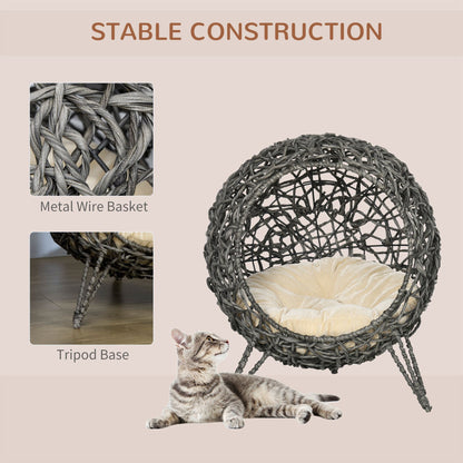 Close-up views of the woven basket construction and tripod base of the elevated cat house