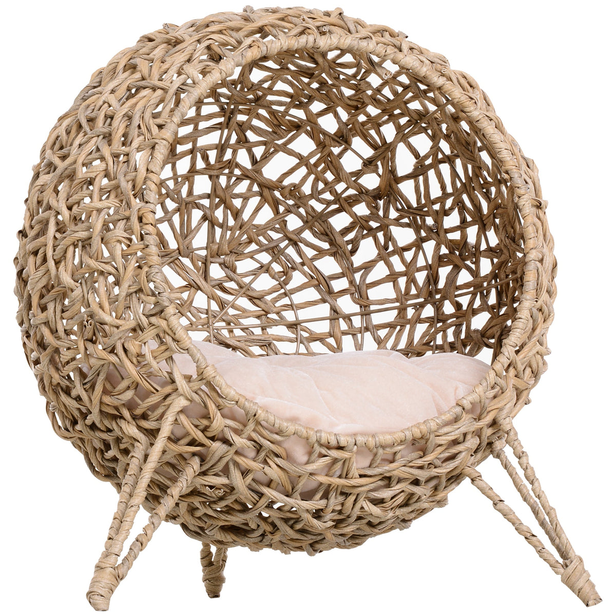 PawHut Rattan Elevated Cat Bed House, a round woven basket on four legs with a cushion inside