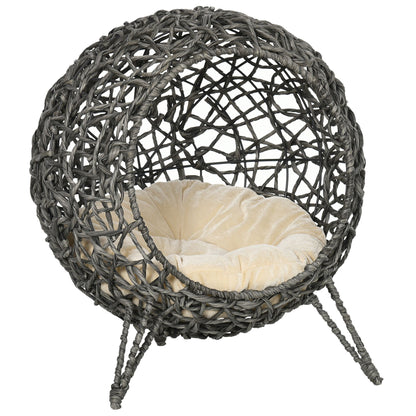 PawHut Rattan Elevated Cat Bed House, a ball-shaped woven basket with a cream cushion on a tripod base