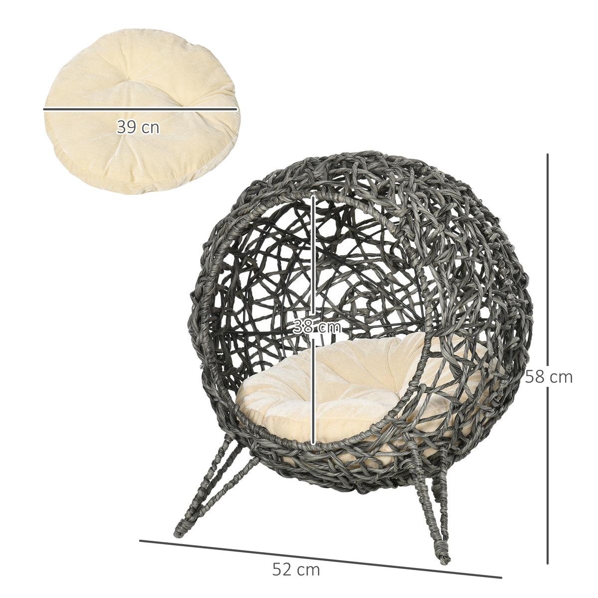 The ball shaped cat house and its round cushion with technical lines indicating overall dimensions