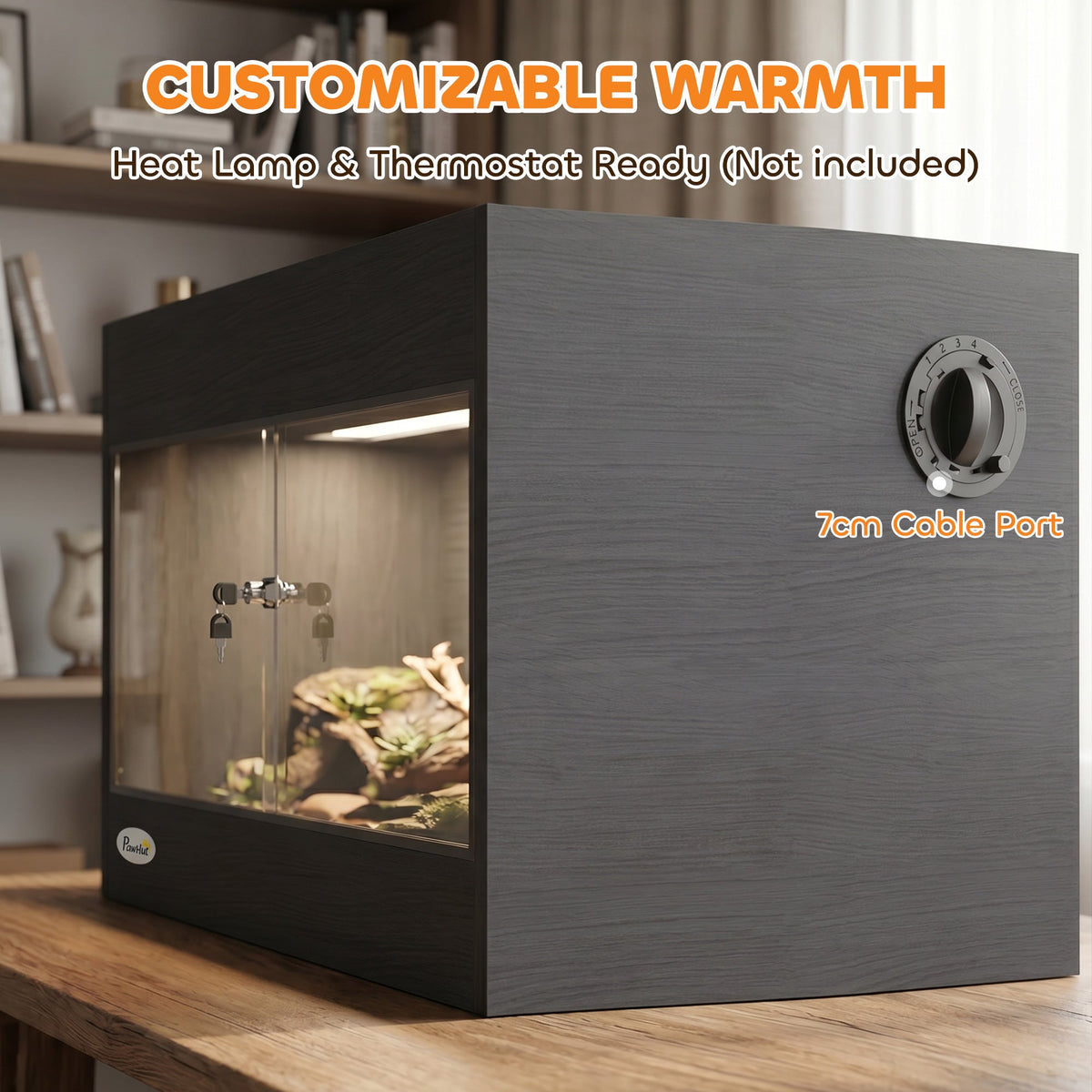 Customizable warmth reptile enclosure with cable port