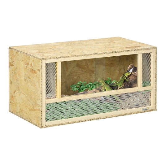 PawHut Reptile Terrarium Vivarium Habitat w/ Transparent Sliding Doors, a wooden enclosure with mesh ventilation and glass
