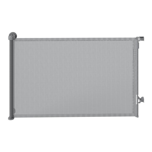 PawHut Retractable Dog Gate, a grey mesh barrier with silver posts, shown in the open position