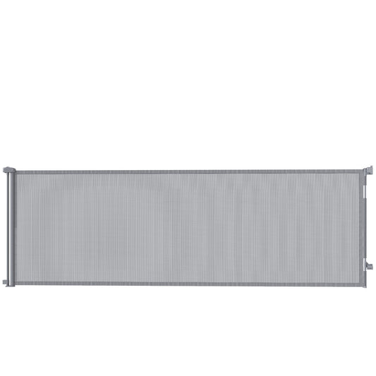 PawHut Retractable Dog Gate fully extended showing the grey mesh screen and side mounting hardware