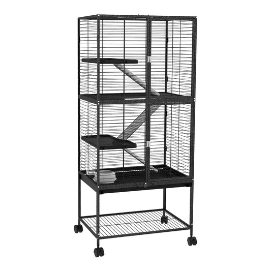 PawHut Rolling Chinchilla Cage, a tall black metal multi-level cage with wheels and ramps