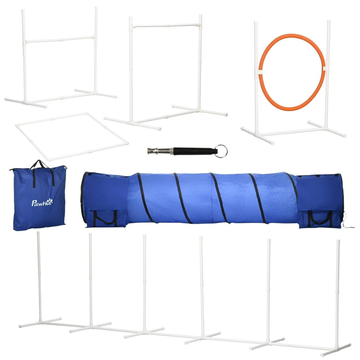 PawHut Six-Piece Dog Agility Equipment Set with blue tunnel, jumping ring, weave poles and pause box