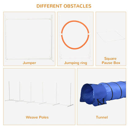 Different obstacles included in the dog agility set: jumper, jumping ring, pause box, weave poles and tunnel
