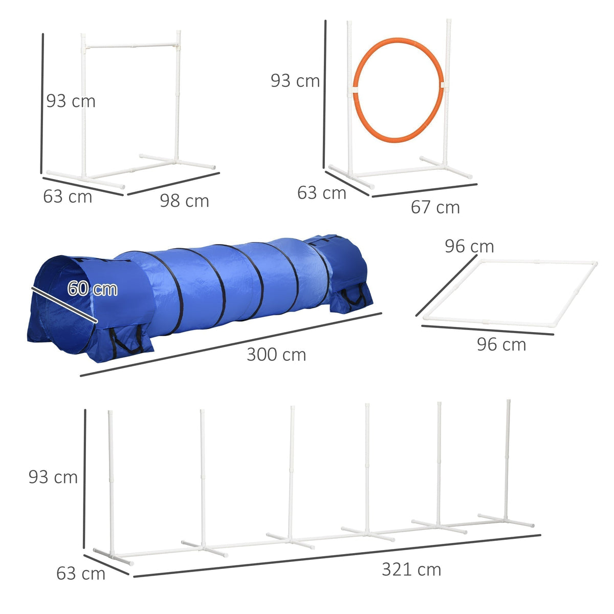 Dimensions for the dog agility equipment set including tunnel, jumping ring, and poles