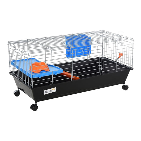 PawHut Small Animal Cage with black base, silver wire, blue tray and orange ramp