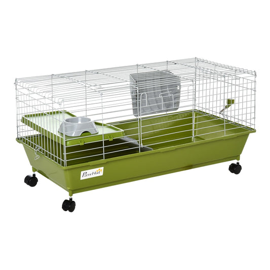 PawHut Small Animal Cage with a green base, wire top, platform, ramp, food bowl and water bottle