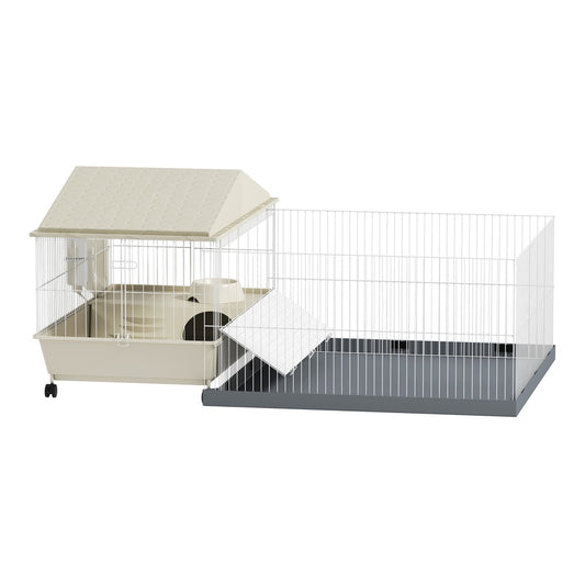 PawHut Small Animal Cage with Removable Pet Playpen showing the beige hut and grey play area