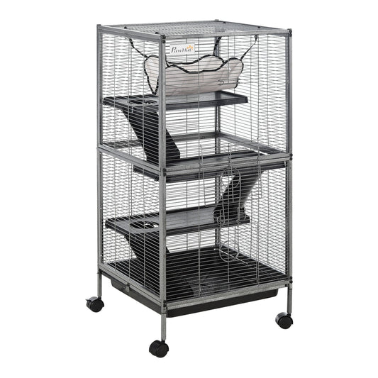 PawHut Small Animal Cage with four platforms, a hammock and a removable tray on wheels