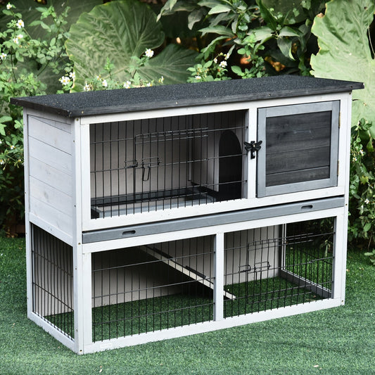 PawHut Small Animal Two-Level Fir Wood Guinea Pigs Hutches Bunny Cage with two levels and a ramp