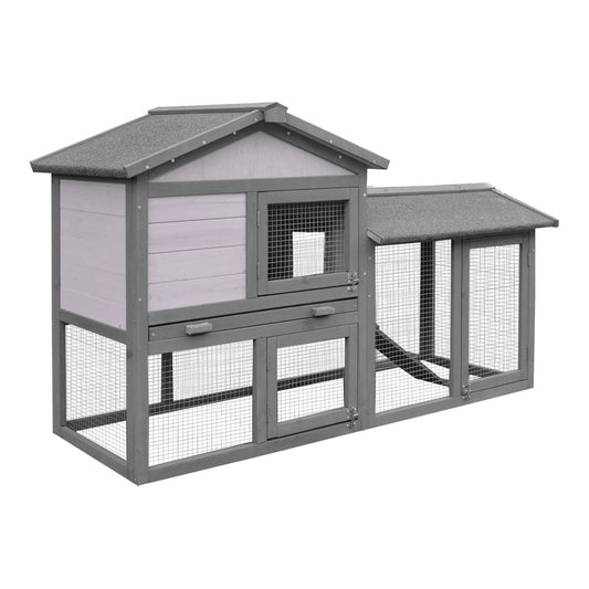 PawHut Small Animal Two-Level Fir Wood Guinea Pigs Hutches with wire mesh and grey roof