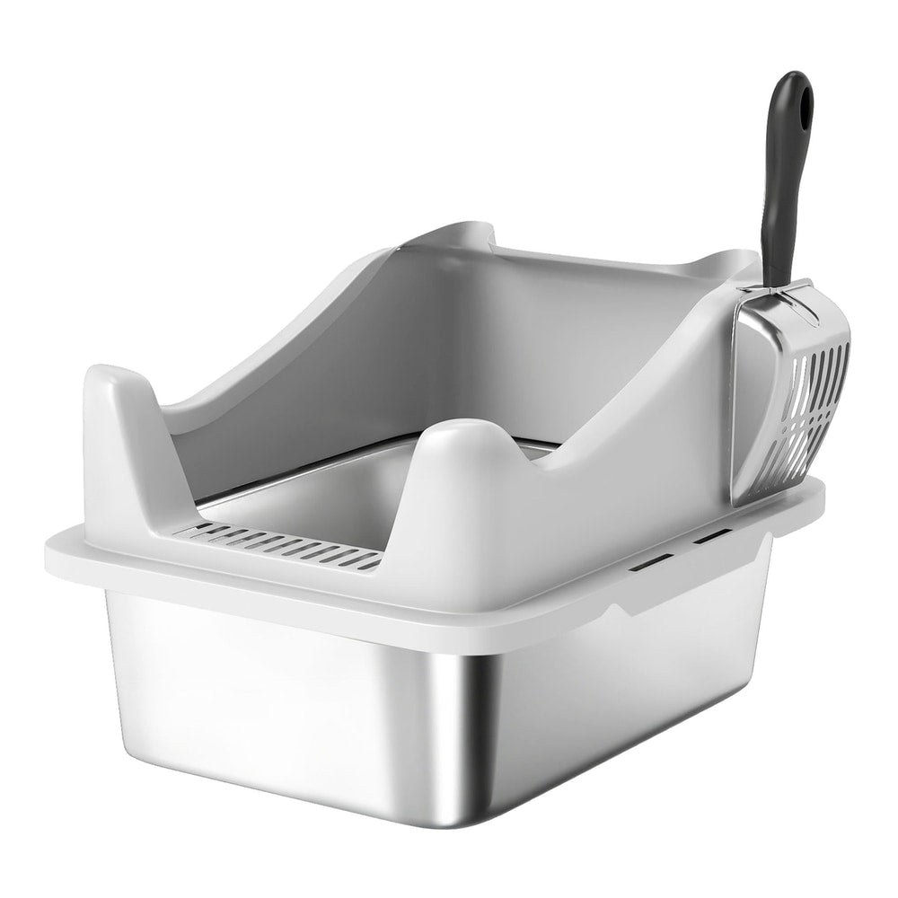 PawHut Stainless Steel Cat Litter Box with High Sides, a grey and silver open-top litter tray with a scoop