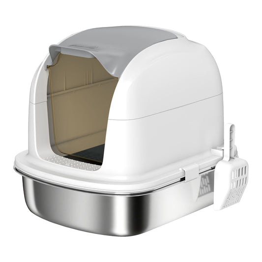 PawHut Stainless Steel Cat Litter Box with Lid, an enclosed litter box with a flip-top lid and a scoop attached to the side