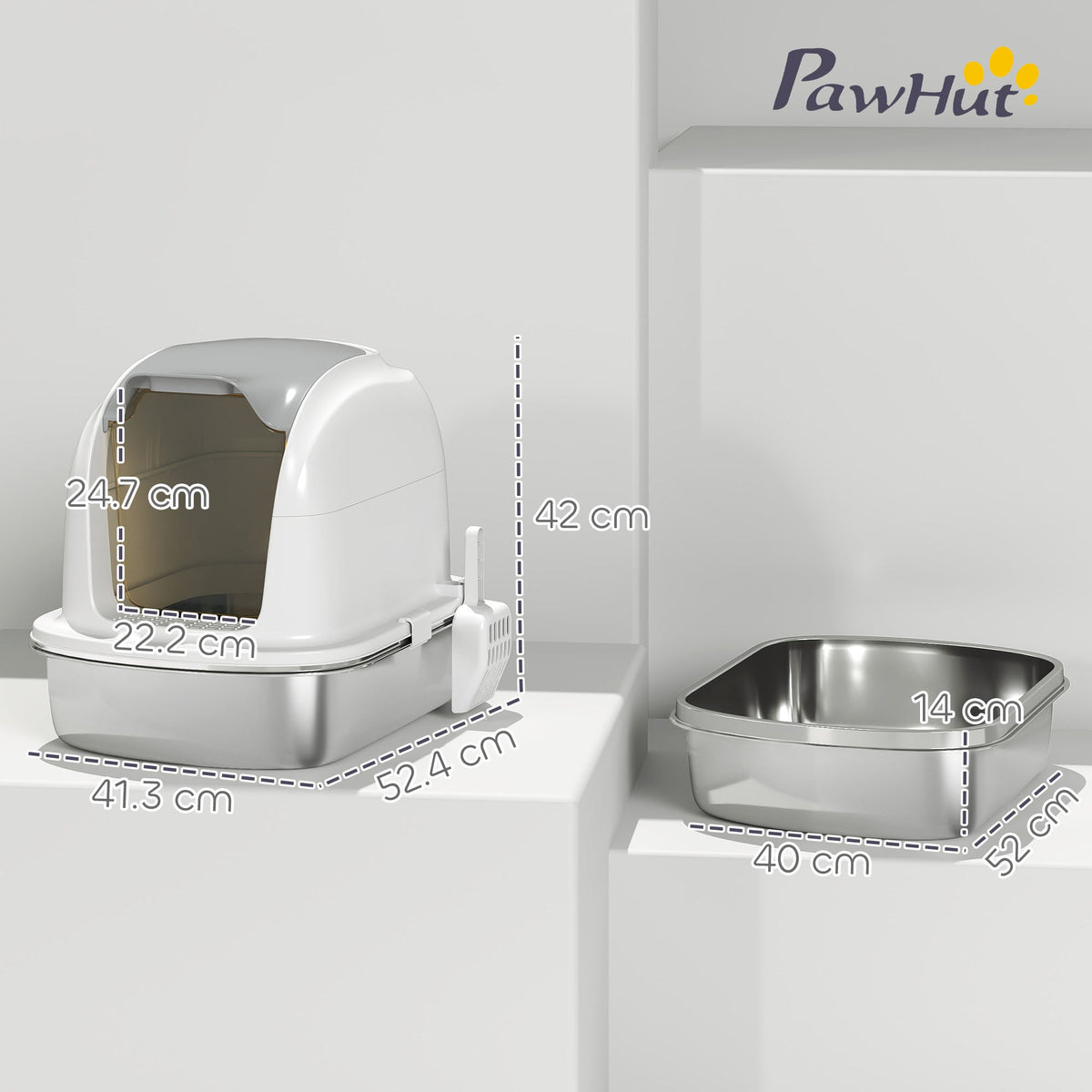 Dimensions of the stainless steel cat litter box and a separate litter tray