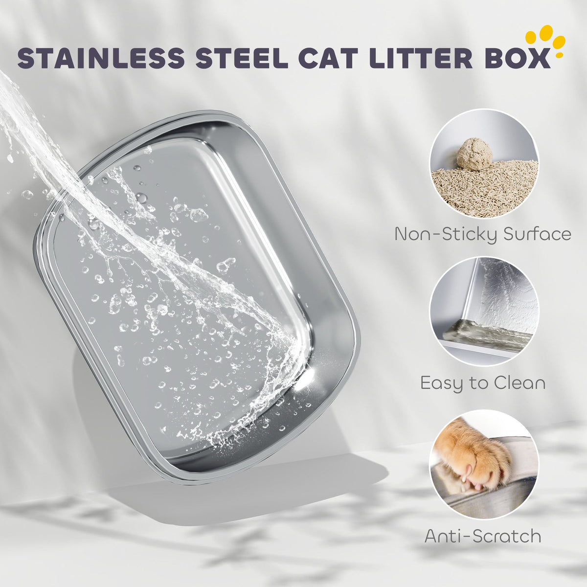 Close up of the stainless steel litter tray showing its non-sticky and anti-scratch surface