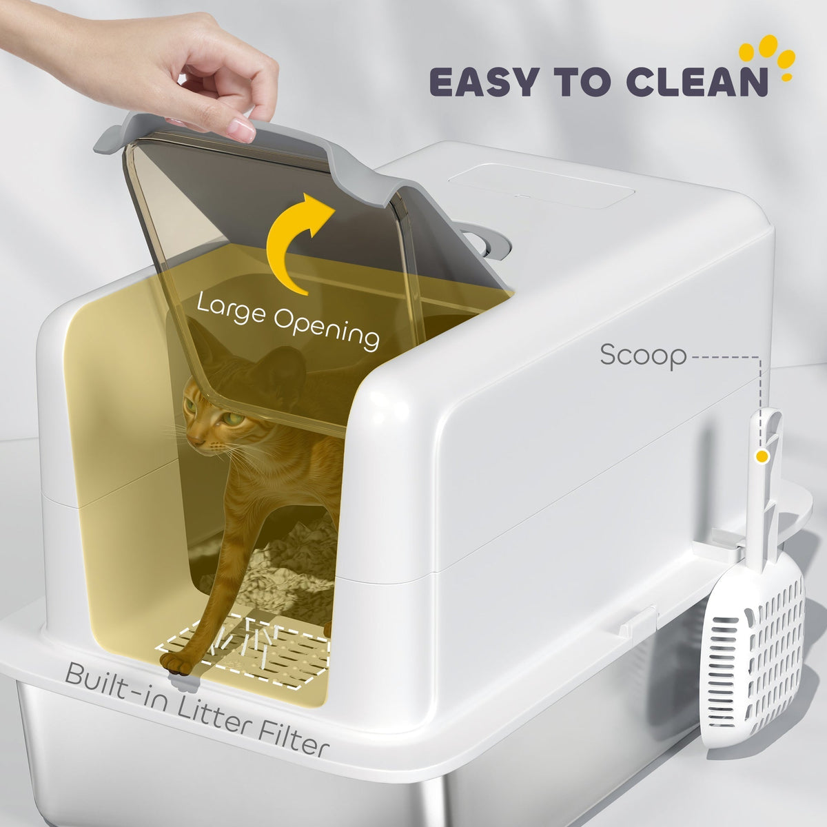 The cat litter box with the lid partially open to show the internal filter