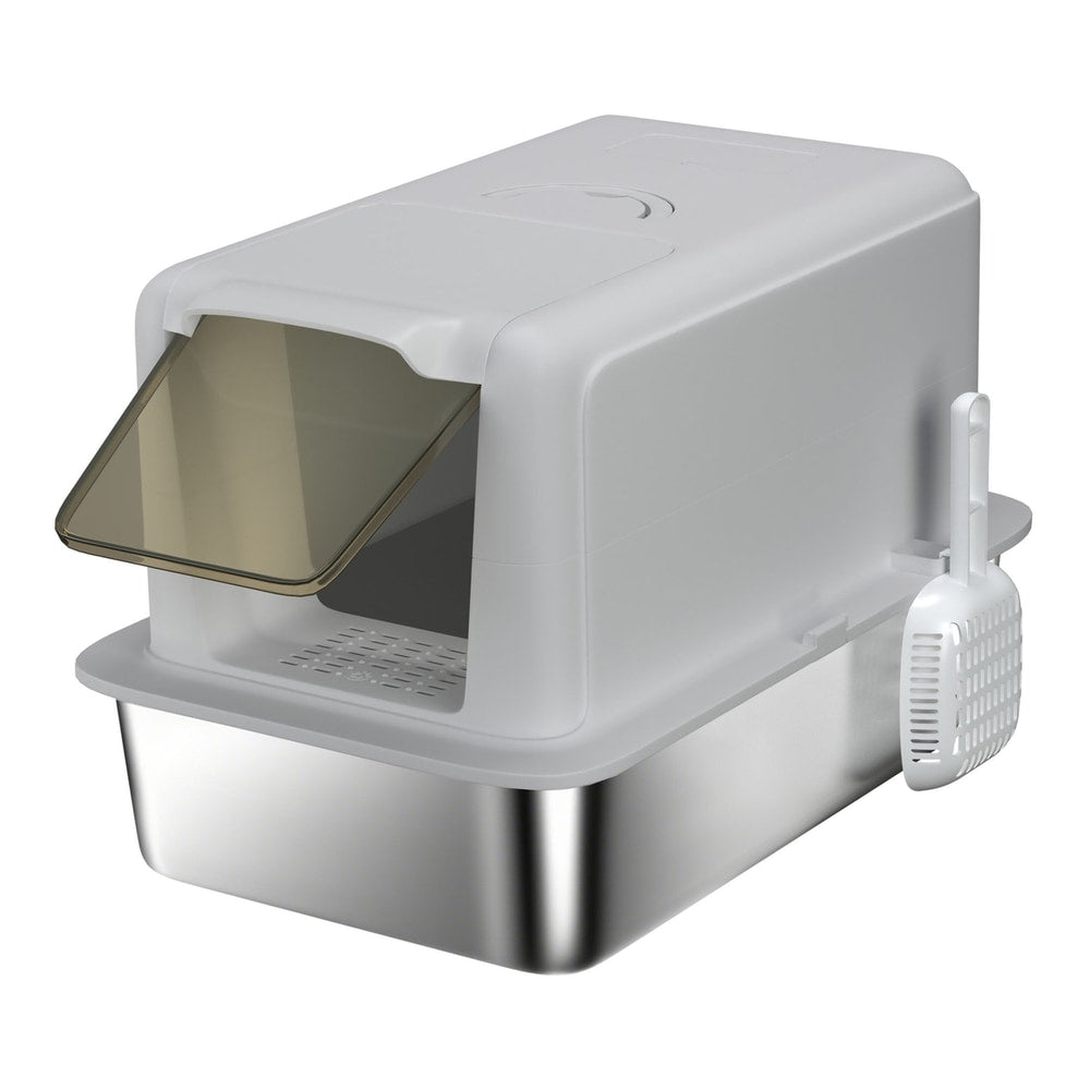 PawHut Stainless Steel Cat Litter Box with Removable Lid shown from a high angle with a scoop