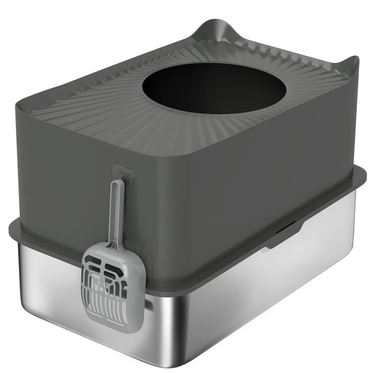 PawHut Stainless Steel Cat Litter Tray, an extra large enclosed litter box with a scoop and top entrance, shown from the