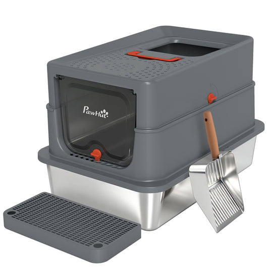PawHut Stainless Steel Cat Litter Tray with Lid in Dark Grey