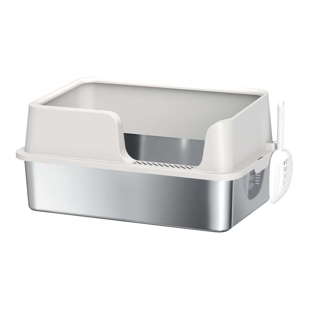 PawHut Stainless Steel Litter Box with Detachable Rim, a modern design with a silver base and white rim