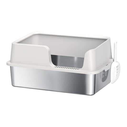 PawHut Stainless Steel Litter Box with Detachable Rim, a modern design with a silver base and white rim