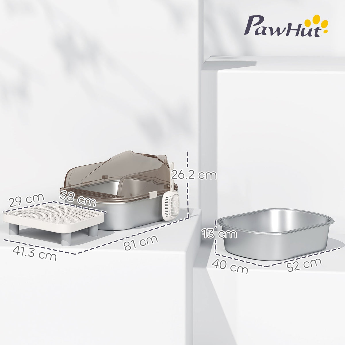 The stainless steel litter box and its components displayed with various dimension lines