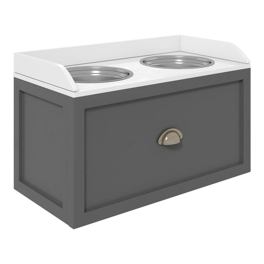 PawHut Stainless Steel Raised Dog Bowls with a grey storage drawer and two metal bowls