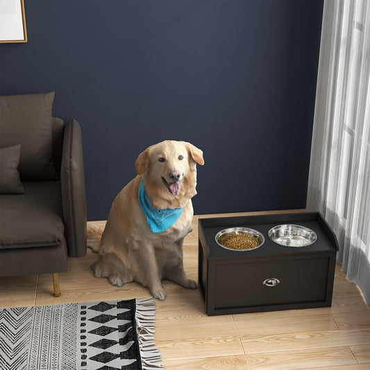 The raised dog bowls placed on a wooden floor next to a large dog wearing a blue bandana
