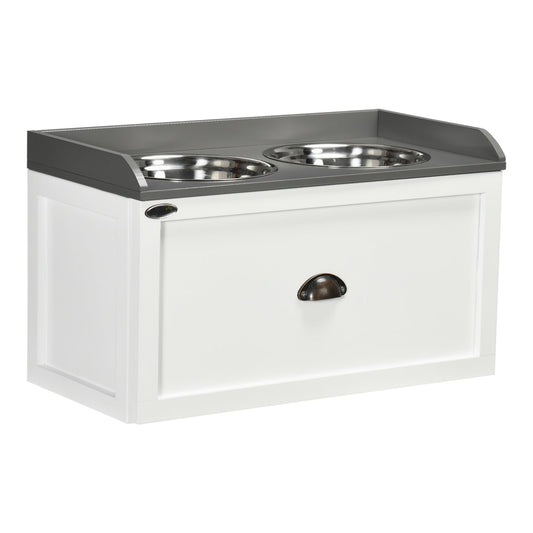 PawHut Stainless Steel Raised Dog Bowls, a white unit with a grey top and two metal bowls set into it
