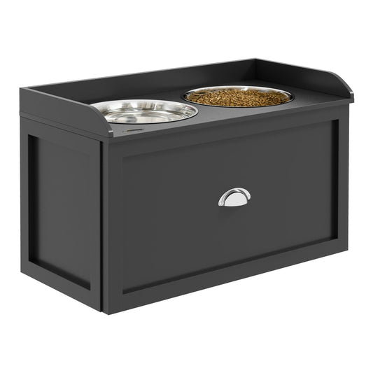 PawHut Stainless Steel Raised Dog Bowls in black with two metal bowls and a front storage drawer