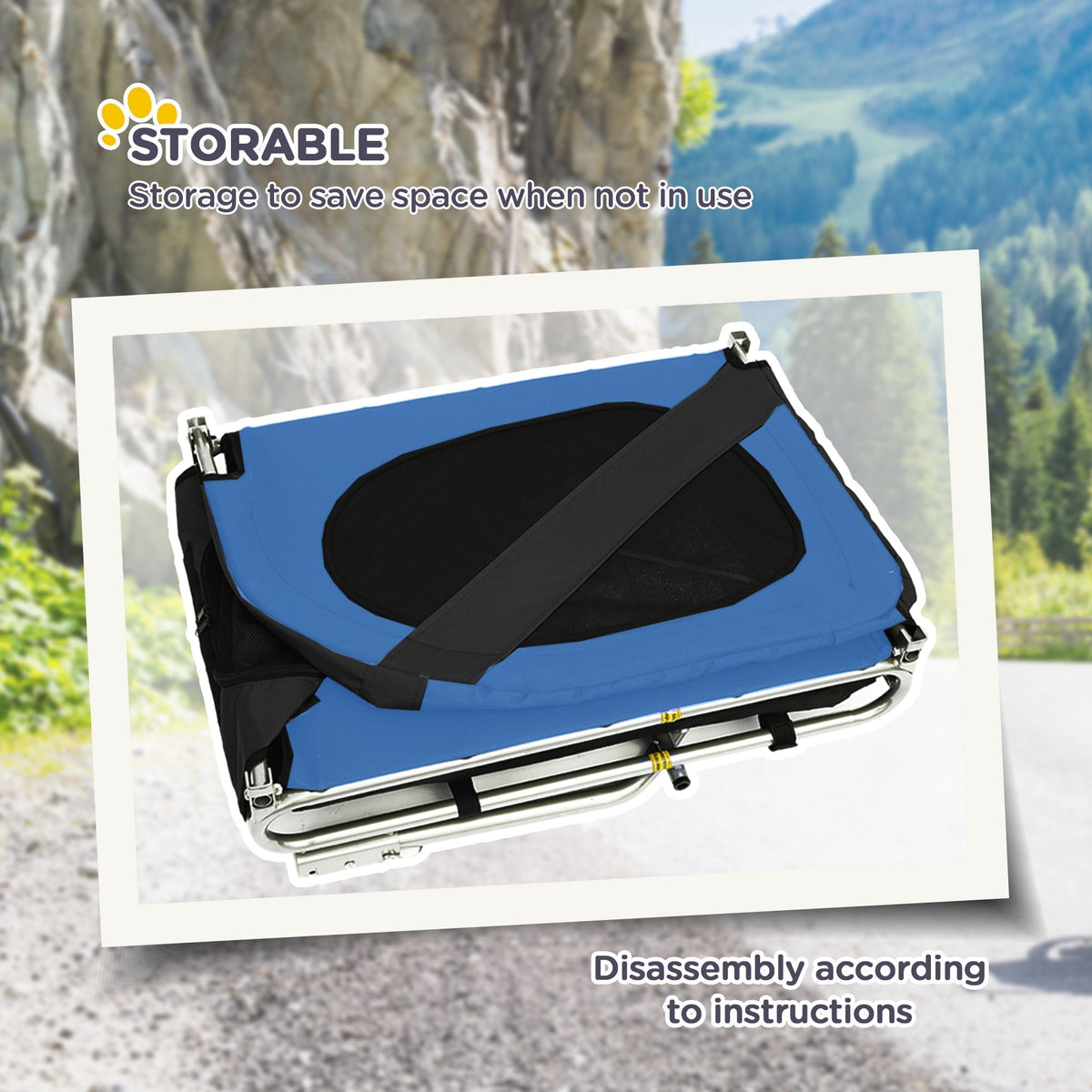 A folded blue and black dog trailer for storage