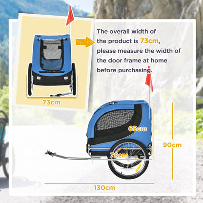 A dog trailer with dimensions shown for width, height, and length