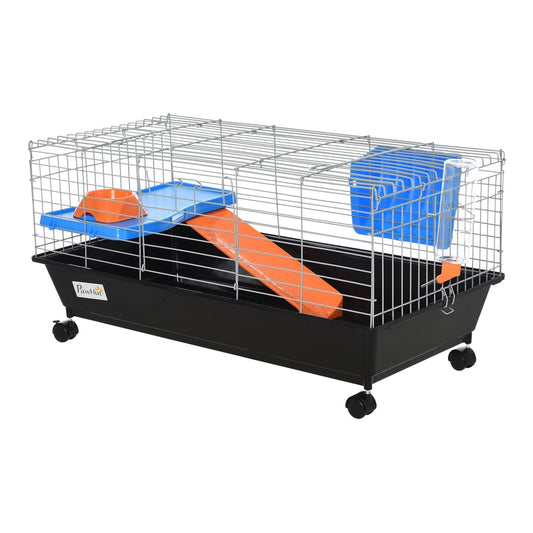 PawHut Steel Small 2-Tier Small Guinea Pigs Hutches with blue and orange accessories and wheels