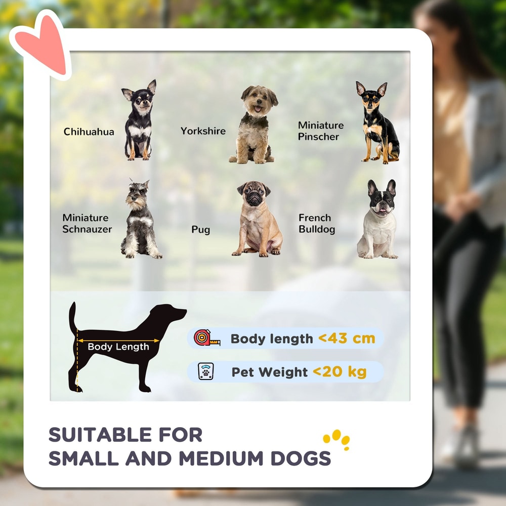 Diagram showing suitable dog breeds and maximum body length and pet weight for the dog stroller