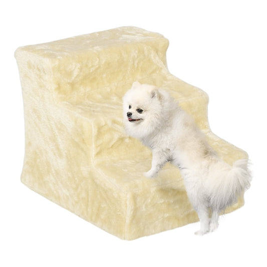 PawHut Three-Step Dog Stairs, a beige plush covered three-step pet stair with a small dog climbing on it