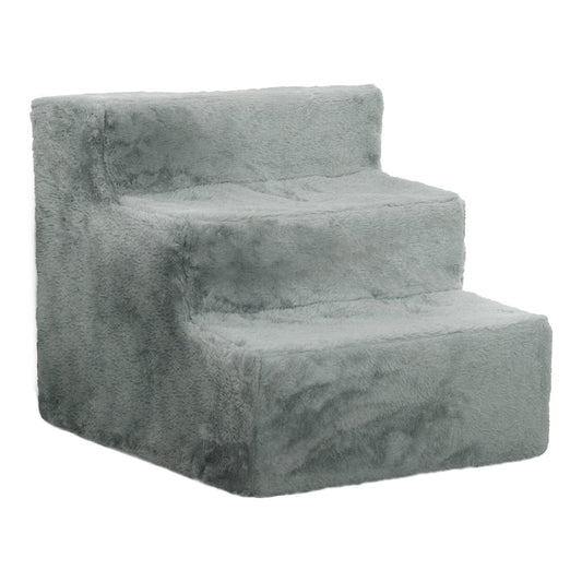 PawHut Three-Step Dog Stairs in light grey plush fabric, a three-tier climbing aid for pets
