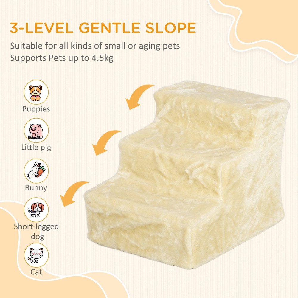 A beige three-step pet stair with text highlighting suitability for small pets