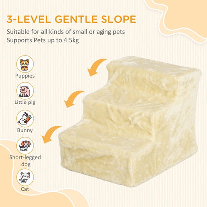 A beige three-step pet stair with text highlighting suitability for small pets