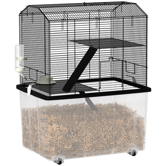 PawHut Three-Tier Gerbil Cage, a black wire hamster hutch with a clear plastic base filled with bedding