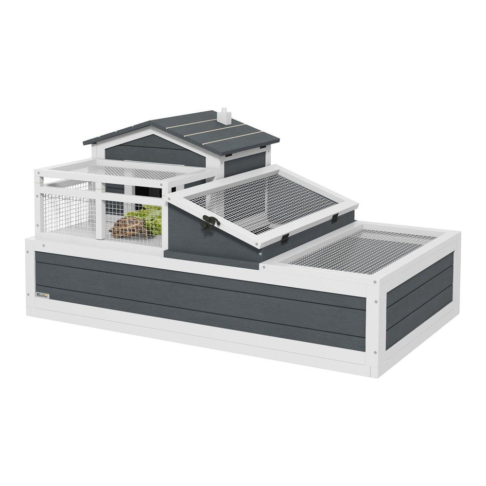 PawHut Tortoise House 3-Room with 2 Stories, a grey and white wooden tortoise enclosure with multiple levels and mesh panels