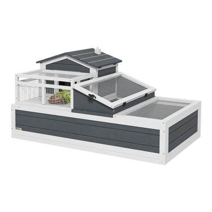 PawHut Tortoise House 3-Room with 2 Stories, a grey and white wooden tortoise enclosure with multiple levels and mesh panels