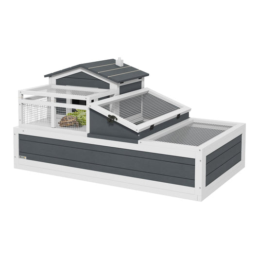 PawHut Tortoise House 3-Room with 2 Stories, a grey and white wooden tortoise enclosure with multiple levels and mesh panels