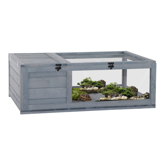 PawHut Tortoise House with a wooden frame, mesh roof and a clear front panel for reptile viewing